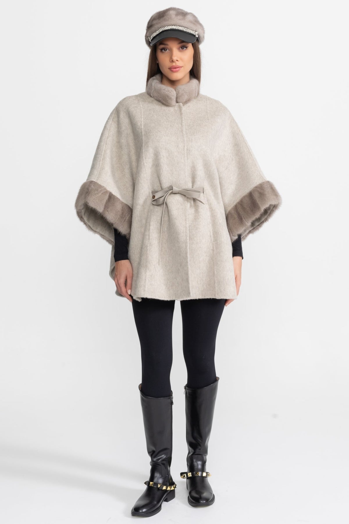 Wool Blend Cape Coat with Collar Trim and Tie Belt – Light Grey – view 2