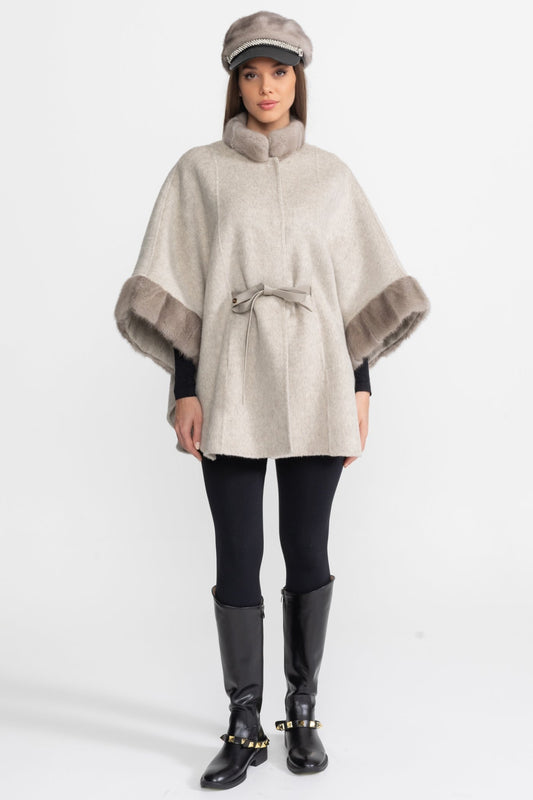 Wool Blend Cape Coat with Collar Trim and Tie Belt – Light Grey – view 2