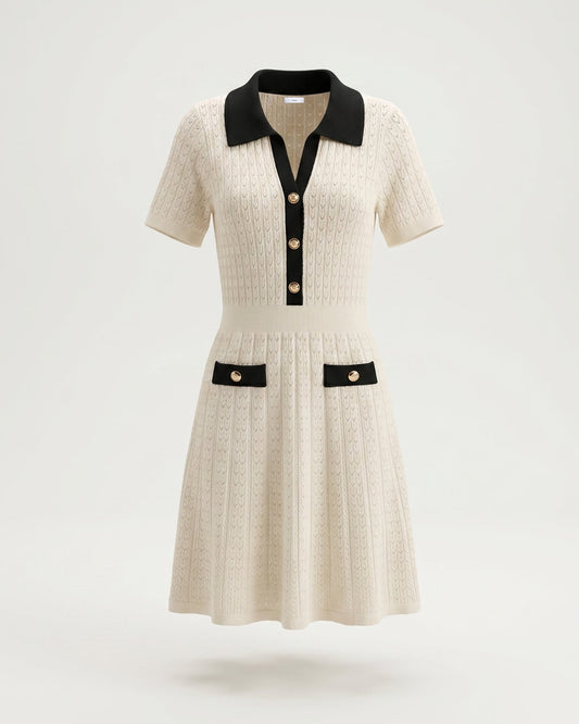 Old Money Short Sleeve Knitted Stretch Dress – Apricot and Black
