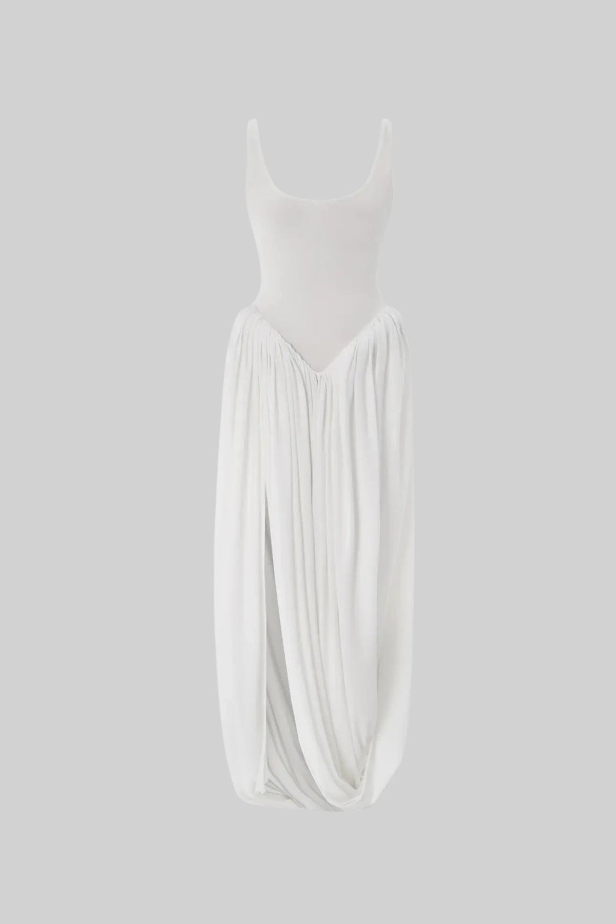 Draped Maxi Dress with Sculptural Skirt and Side Slit – White – view 2