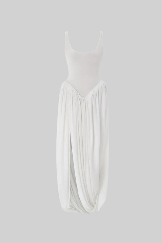 Draped Maxi Dress with Sculptural Skirt and Side Slit – White – view 2