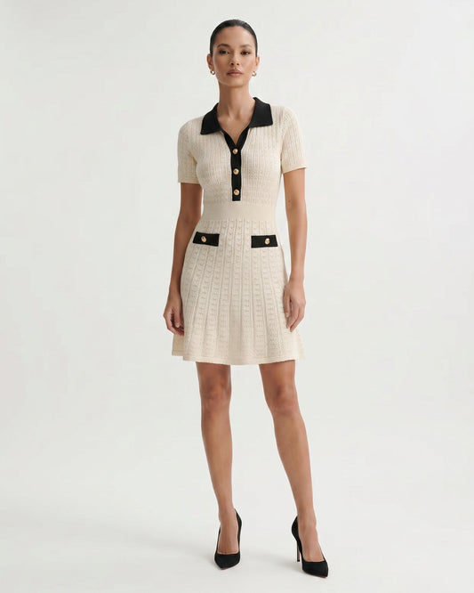 Old Money Short Sleeve Knitted Stretch Dress – Apricot and Black