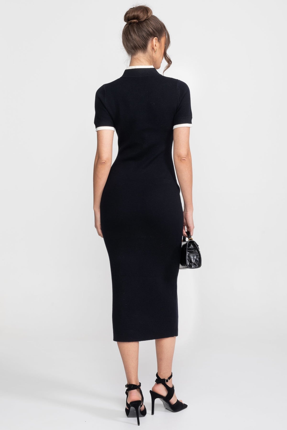 Fine Rib Knit Button-Through Midi Dress with Contrast Trim and Pockets – Black – view 5