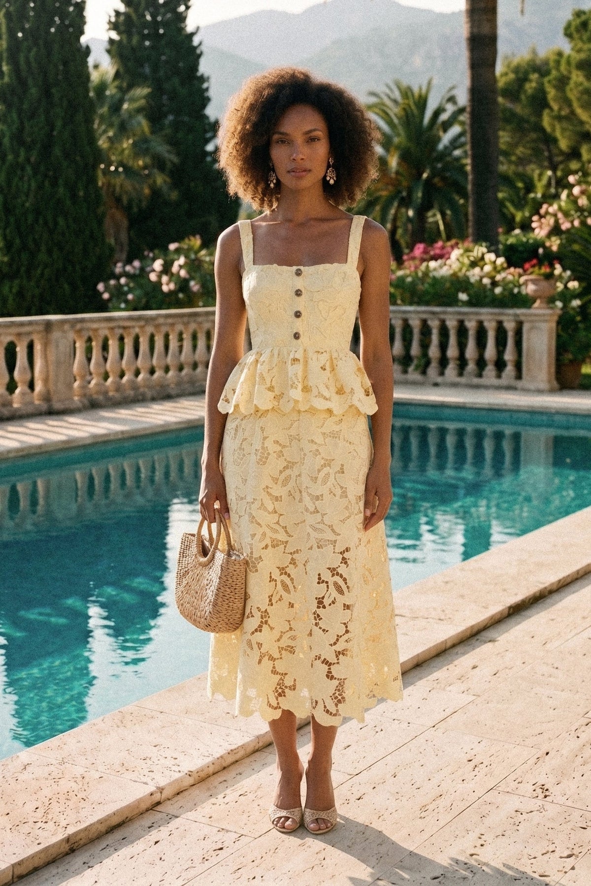 Sleeveless Lace Peplum Midi Dress with Square Neck – Yellow – view 1
