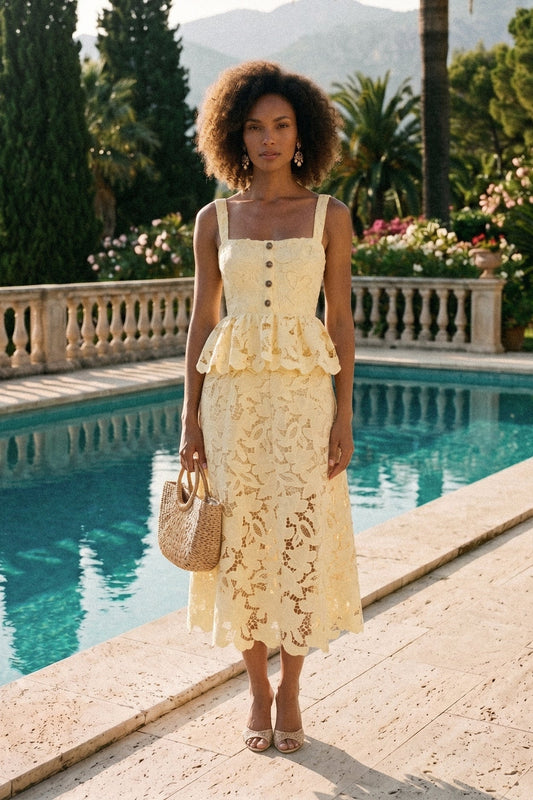 Sleeveless Lace Peplum Midi Dress with Square Neck – Yellow