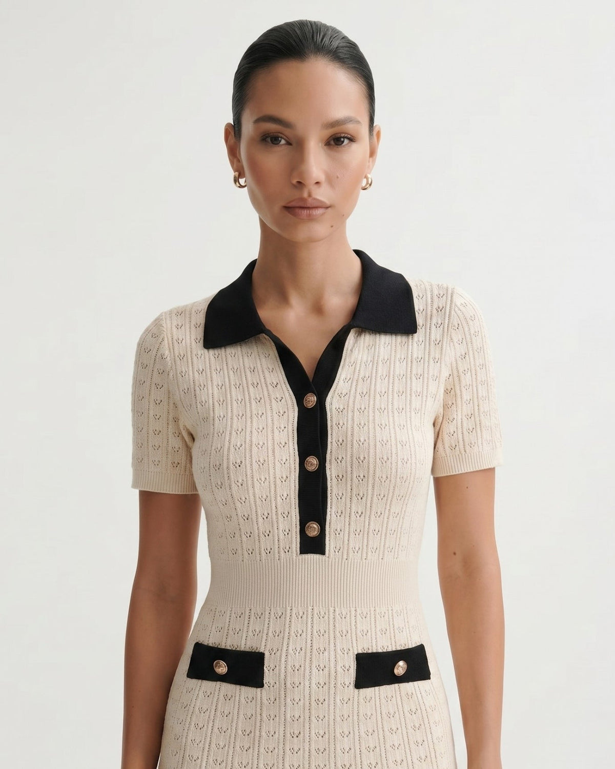 Old Money Short Sleeve Knitted Stretch Dress – Apricot and Black – view 4