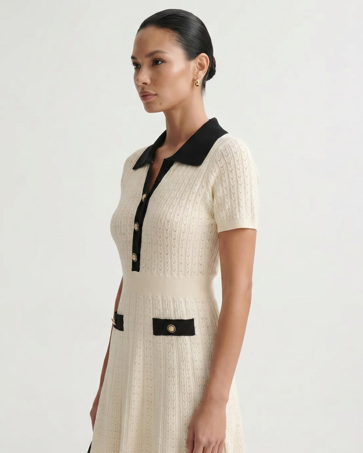 Old Money Short Sleeve Knitted Stretch Dress – Apricot and Black – view 5
