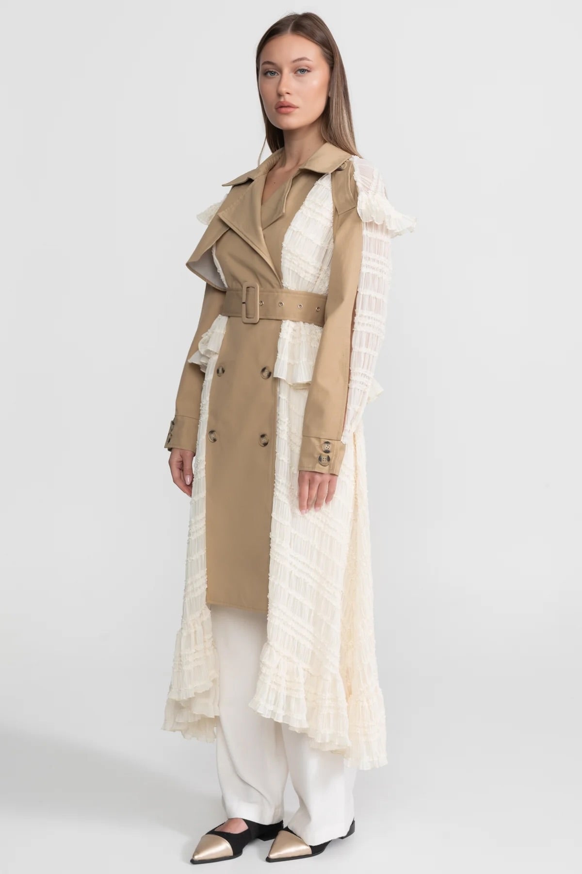 Longline Double-Breasted Lace Panel Trench Coat with Belt – Beige