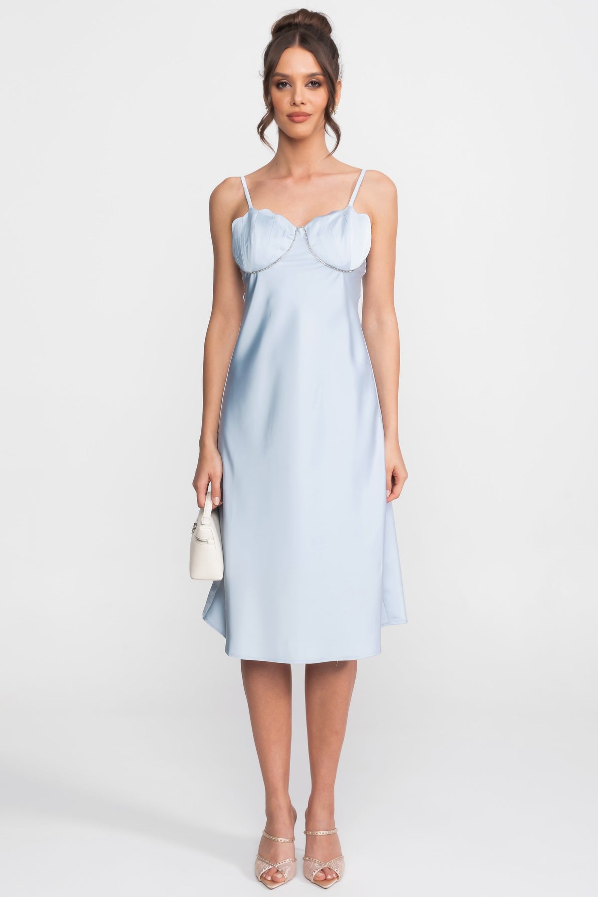Satin Slip Midi Dress with Sweetheart Bustier Bodice – Light Blue – view 2