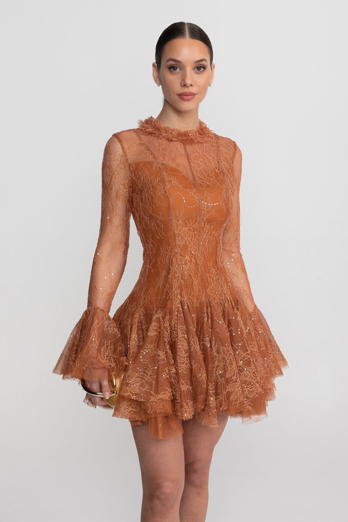 Sheer Lace High Neck Long Sleeve Mini Dress with Ruffled Hem – Rust