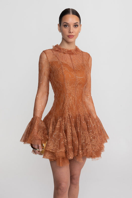 Sheer Lace High Neck Long Sleeve Mini Dress with Ruffled Hem – Rust