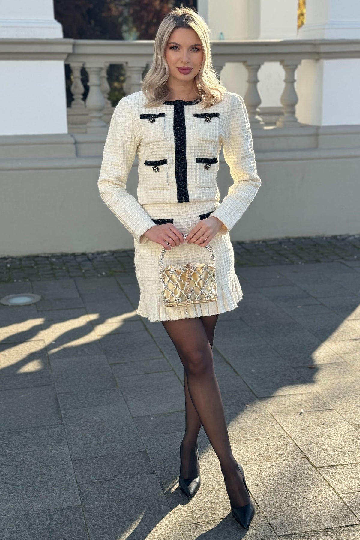 Tweed Long Sleeve Top and Flared Mini Skirt Set with Black Trim – Ivory – view 9