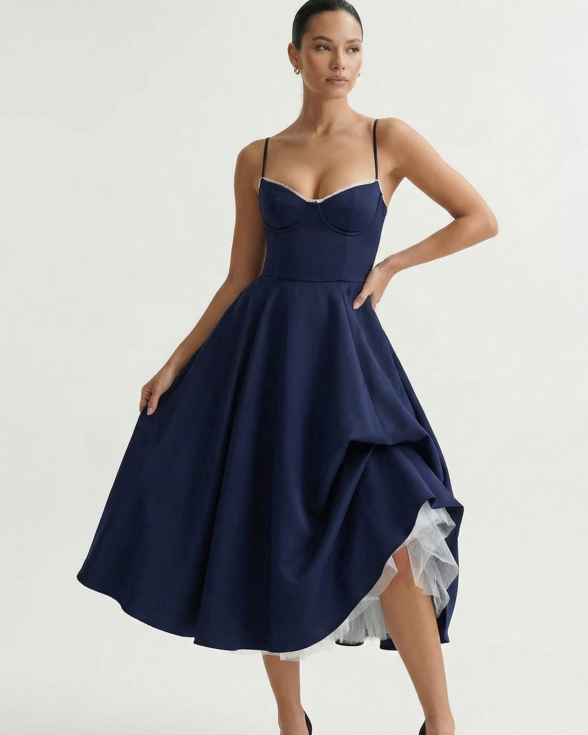 Giulia Duchess Satin Midi Dress with Tulle Underskirt – Navy Blue – view 3