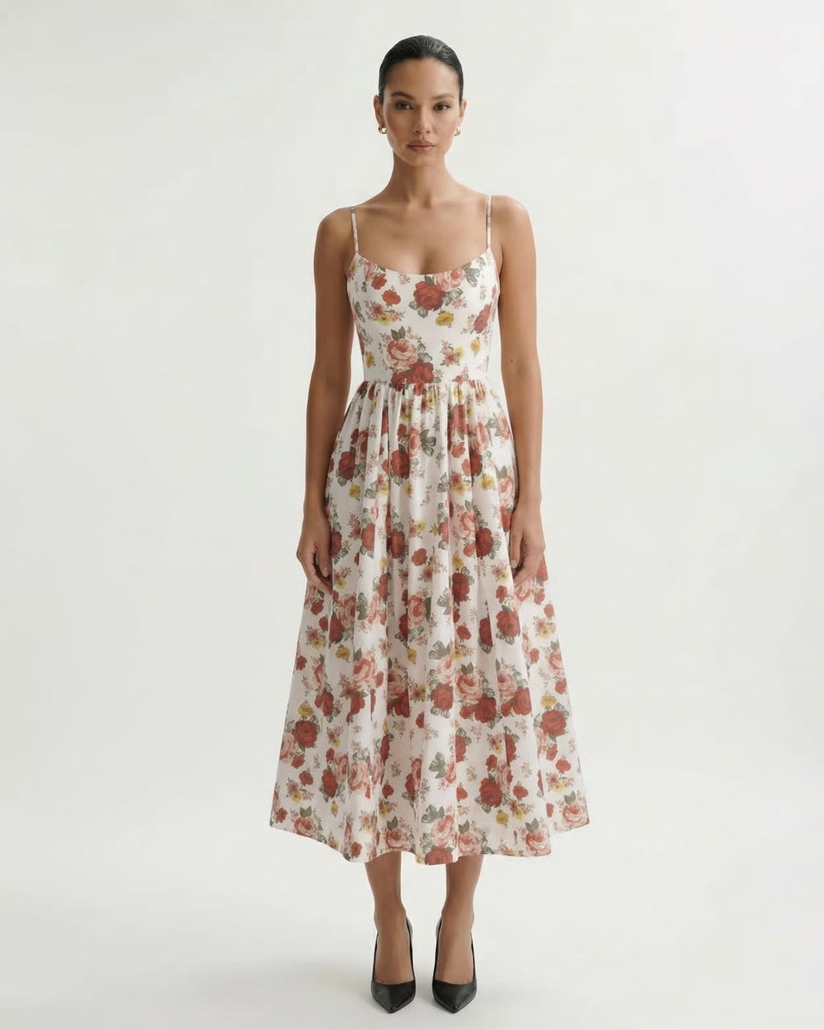 Mira Border Detail Cotton Blend Printed Dress – Red Floral on White – view 2