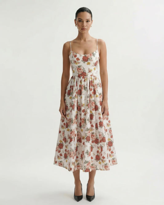Mira Border Detail Cotton Blend Printed Dress – Red Floral on White – view 2