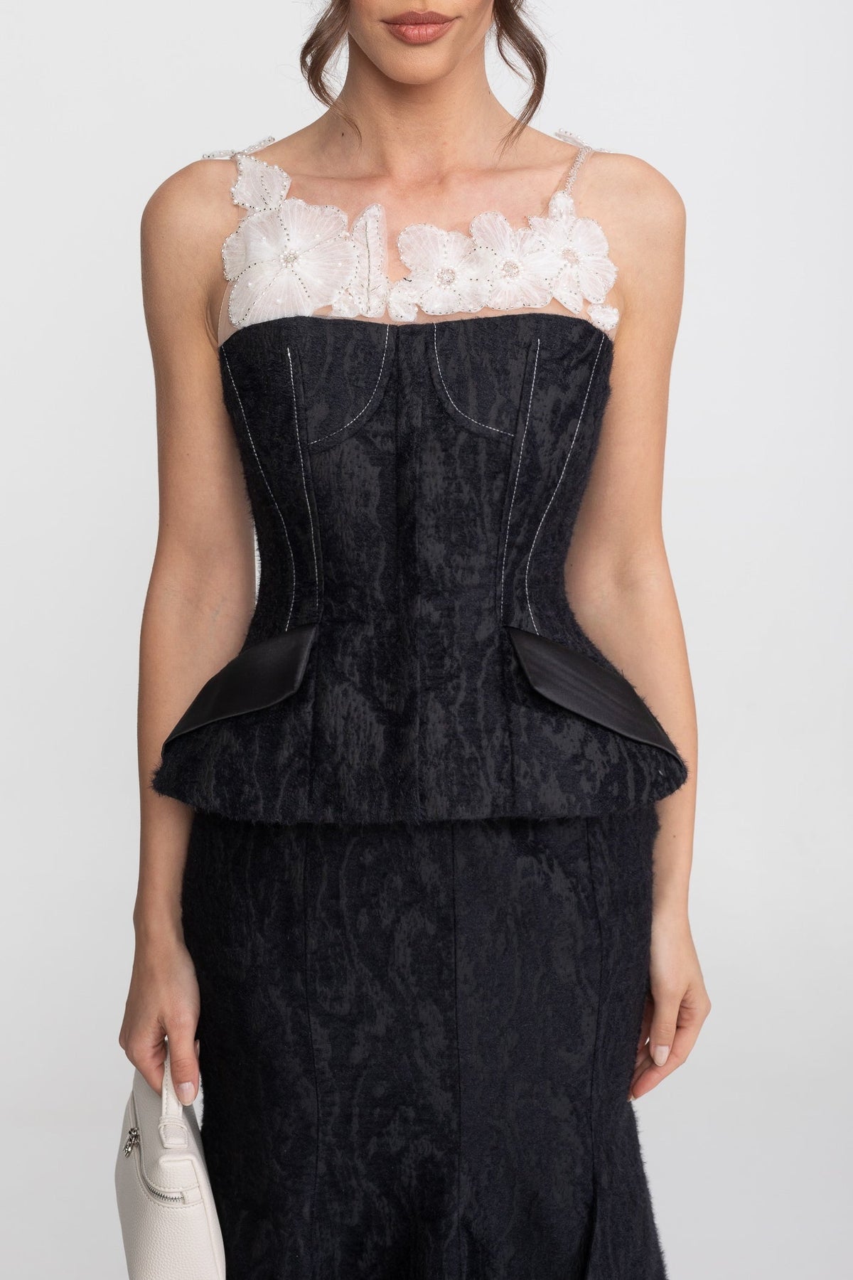 Jacquard Peplum Top and Maxi Skirt Set with Sheer Floral Neckline – Black – view 3