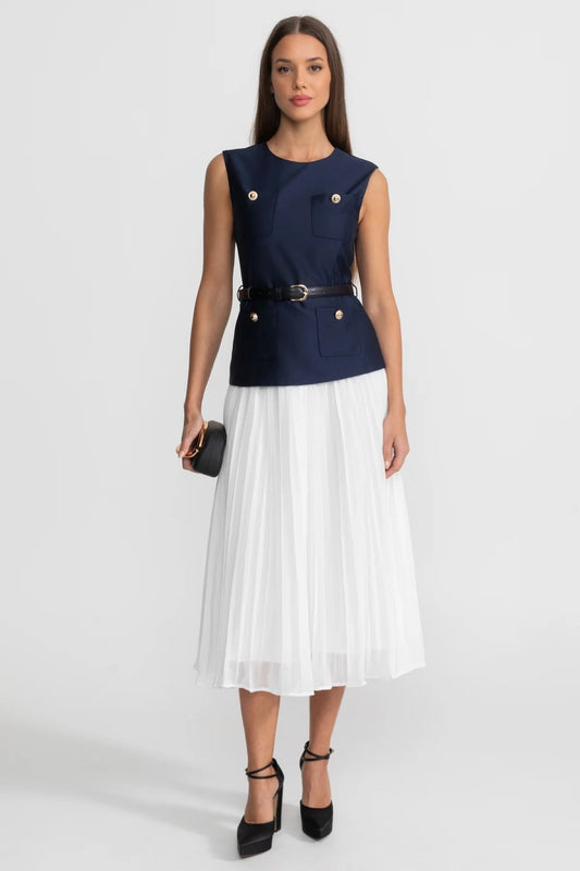 Sleeveless Belted Midi Dress with Pleated Chiffon Skirt – Navy