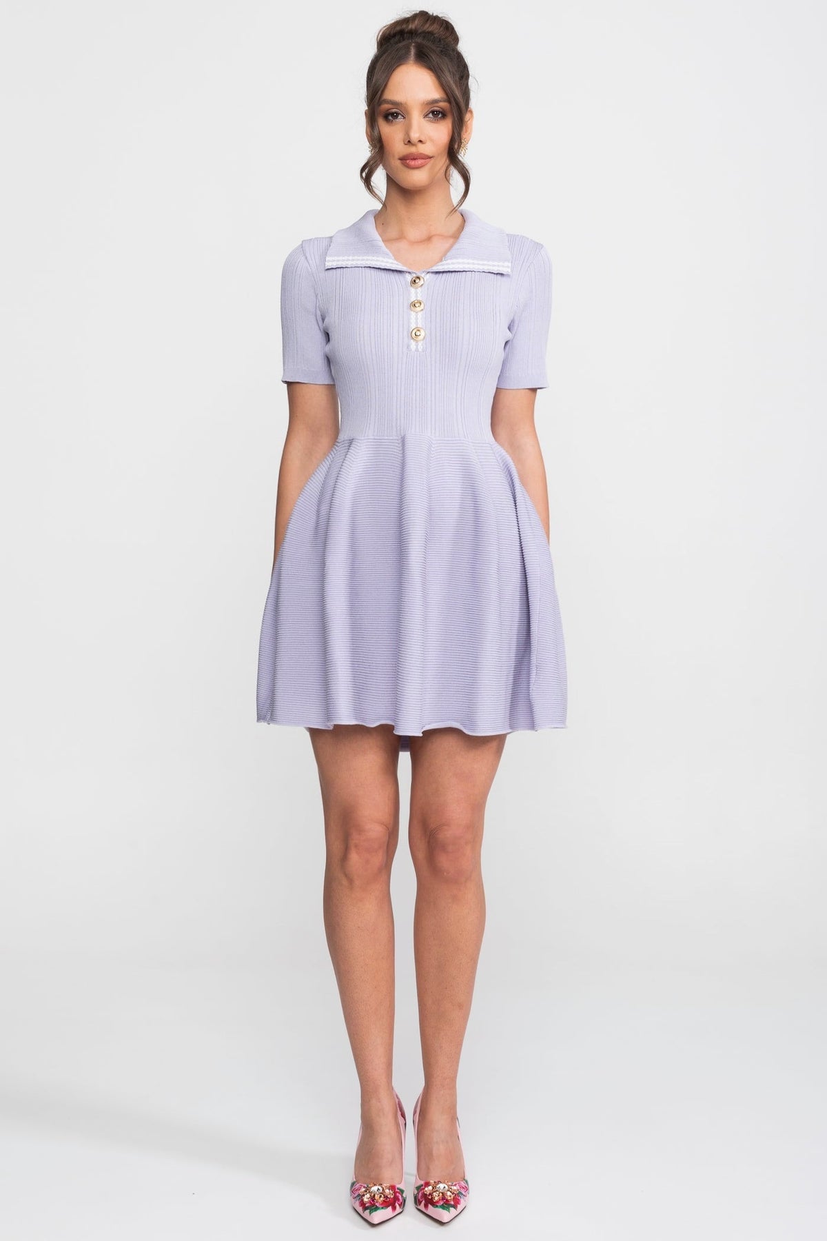 Ribbed Knit Open Polo Collar A-Line Mini Dress – Lilac – view 1