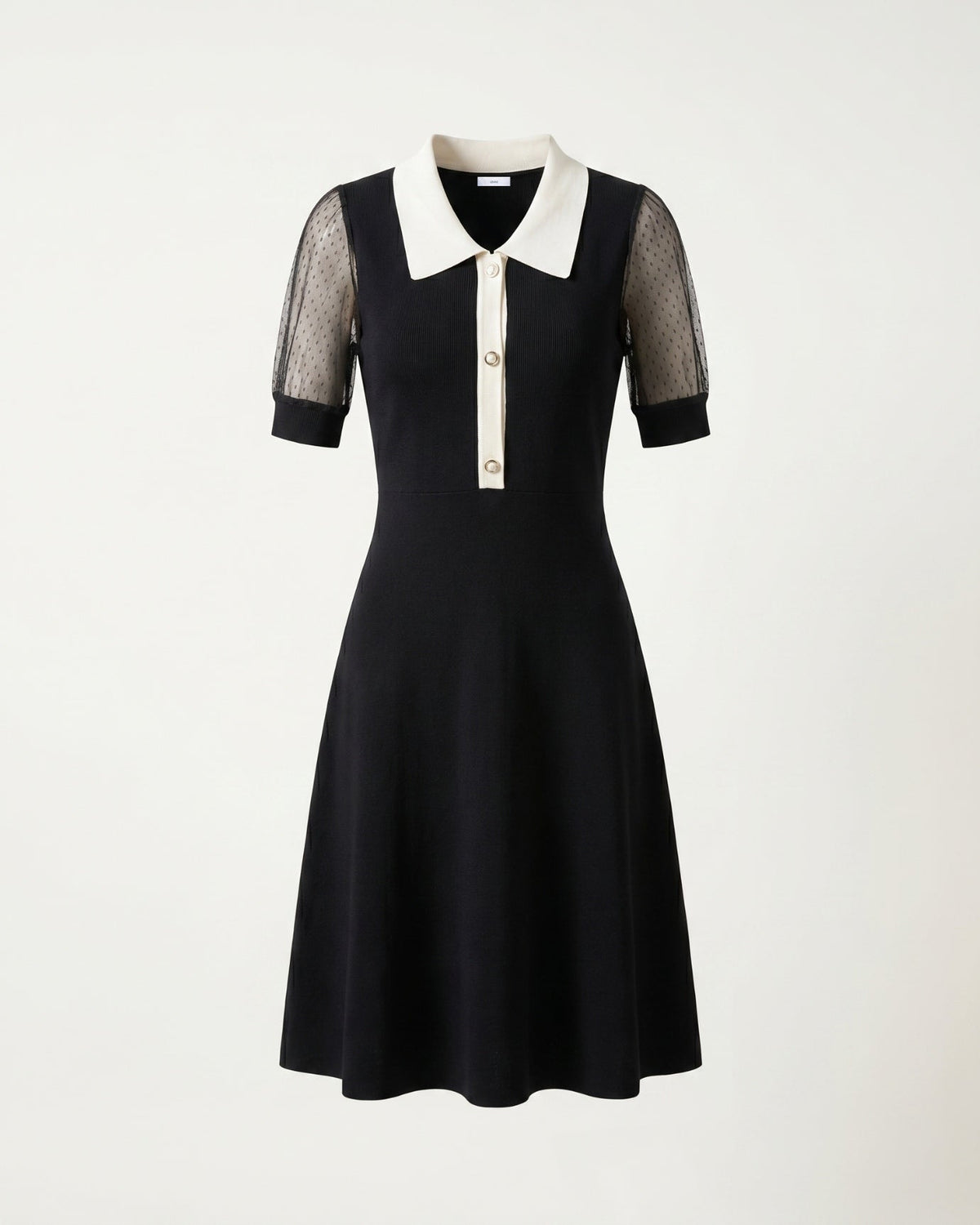 Short Sleeve Polo Collar A-Line Knitted Dress – Black – view 1