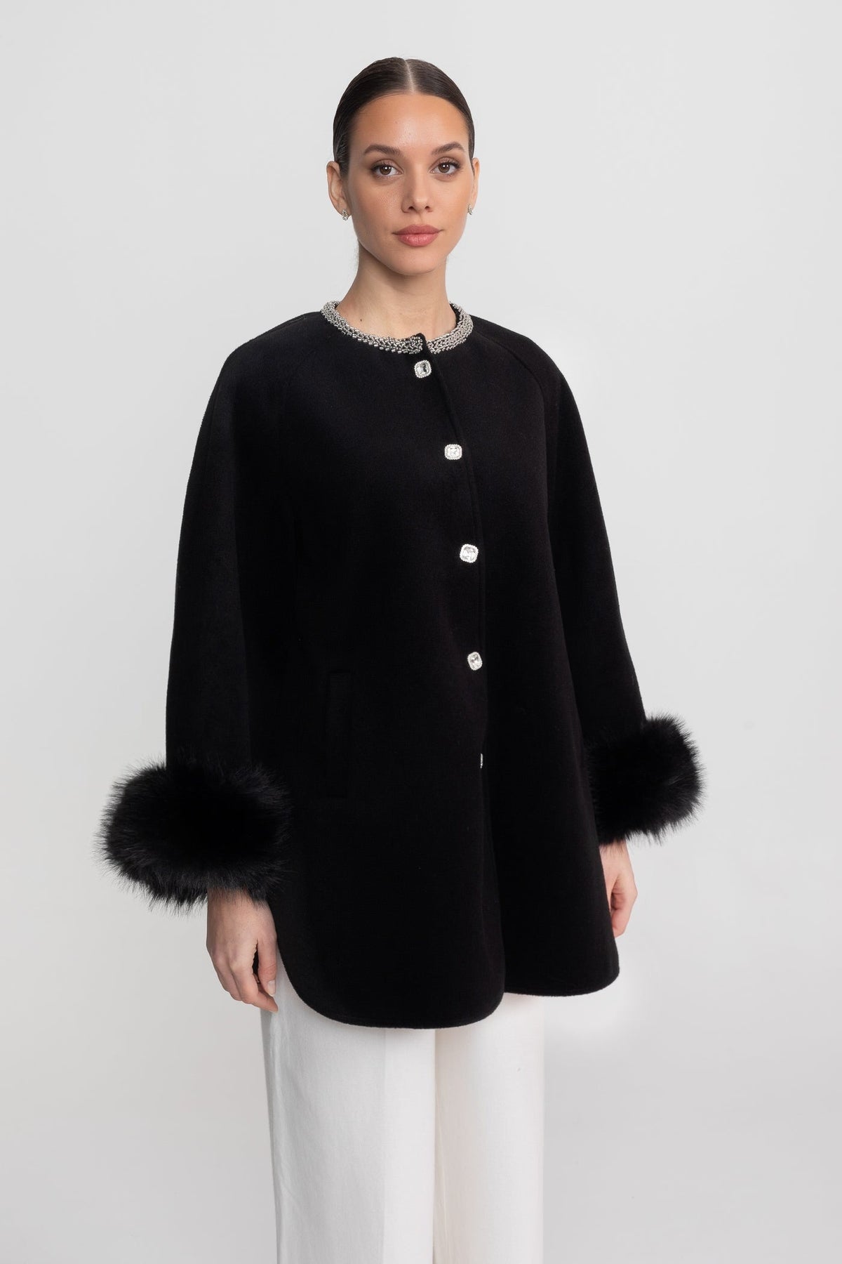Longline Coat with Pearl Embellished Neckline and Faux Fur Cuffs – Black – view 4