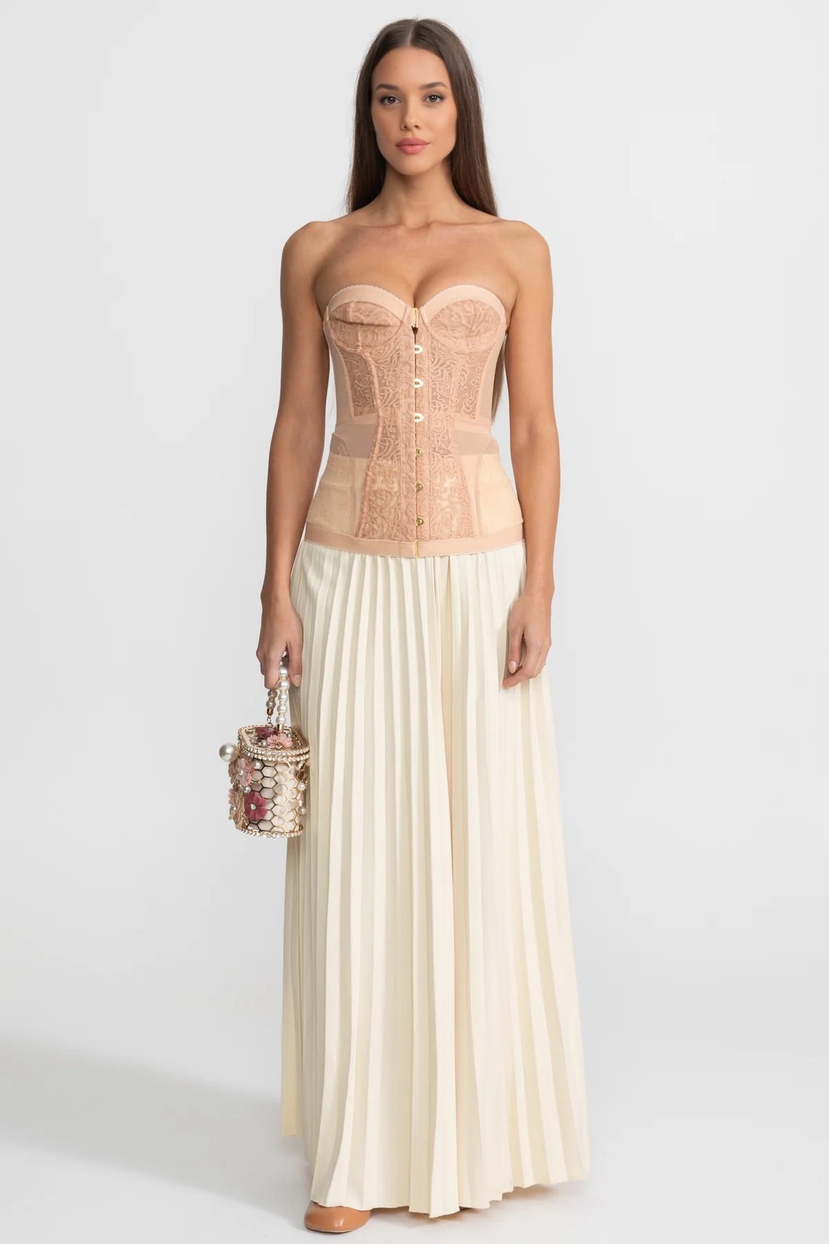 Embroidered Lace Strapless Corset Top with Boning – Nude – view 2