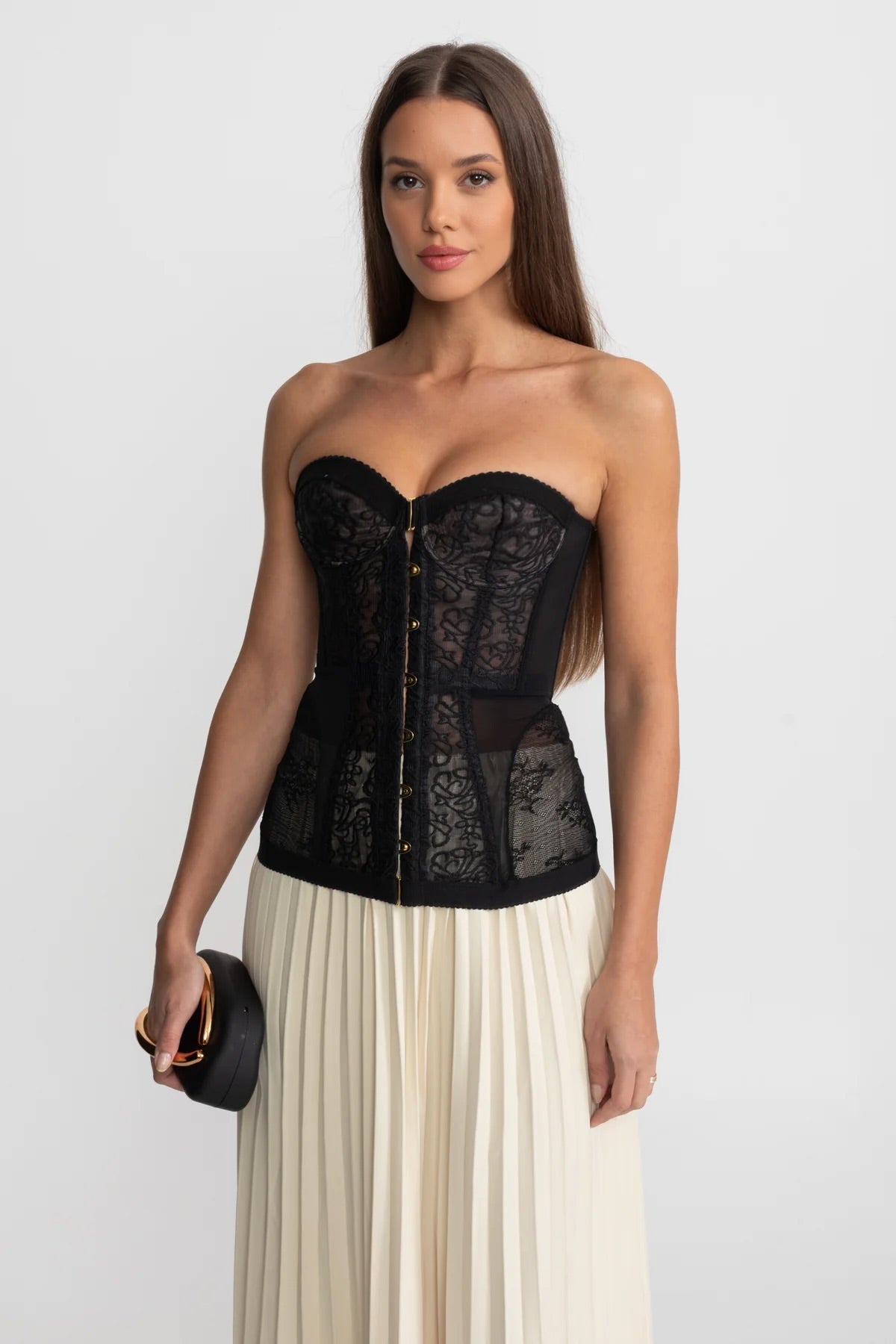 Strapless Lace Corset Top with Boning and Front Hook Closure – Black