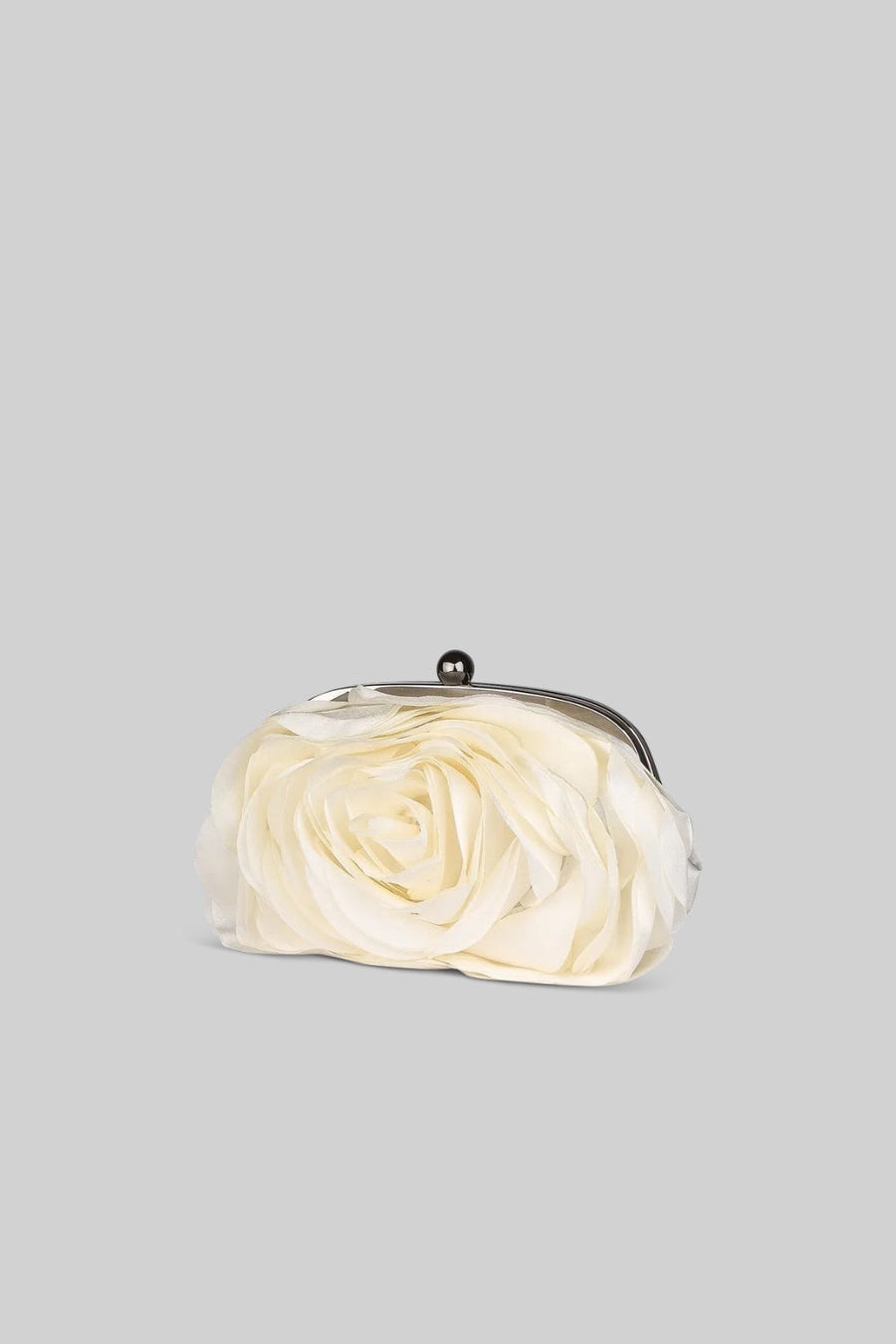 Satin Flower Clutch Bag with Detachable Shoulder Chain – Beige