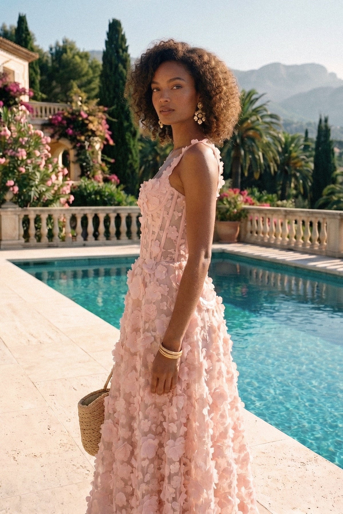Floral Appliqué Corset Bodice Sweetheart Neck Maxi Dress – Pink – view 3
