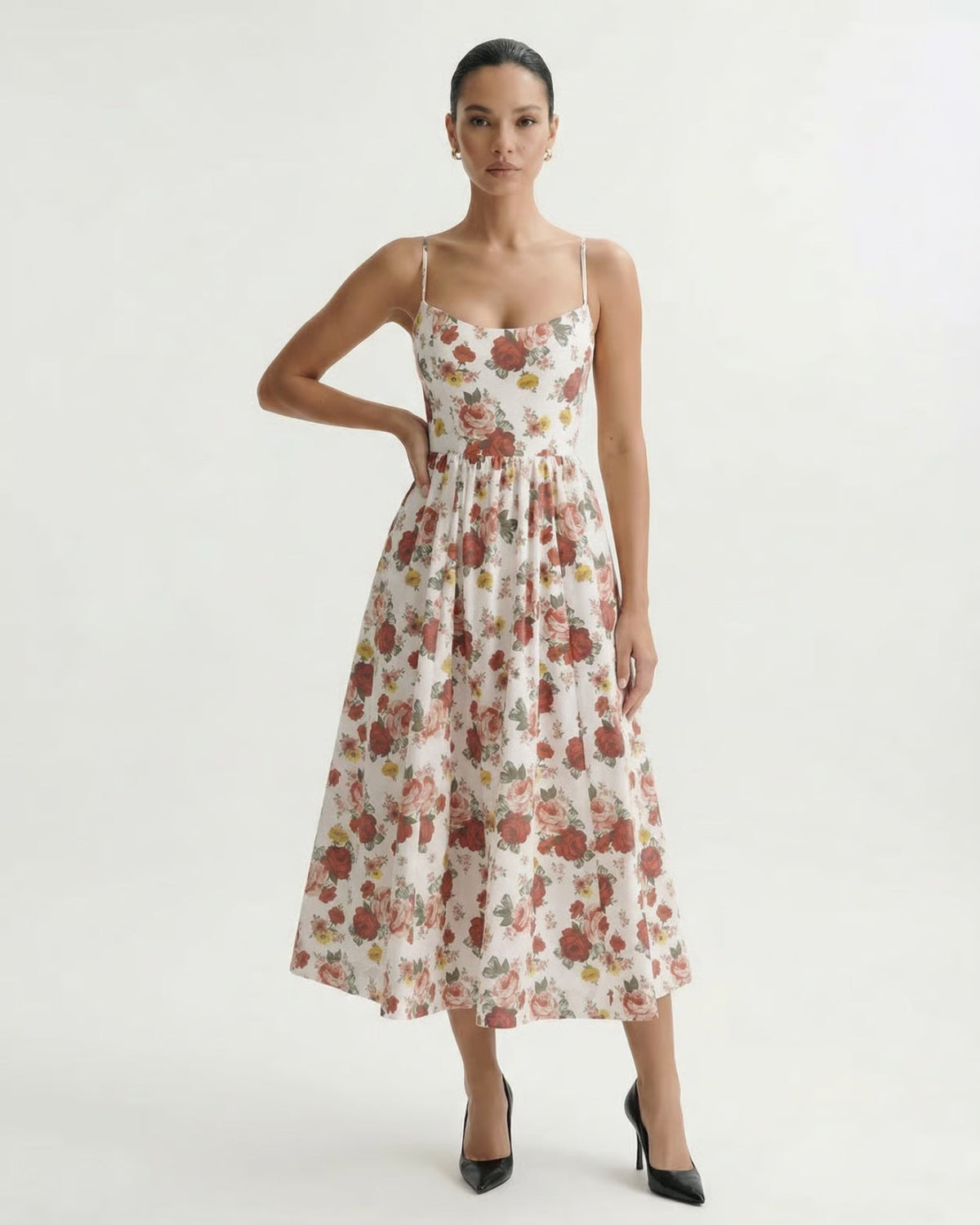 Mira Border Detail Cotton Blend Printed Dress – Red Floral on White – view 3