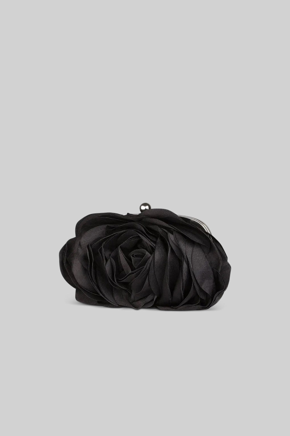Satin Flower Clutch Bag with Detachable Shoulder Chain – Black