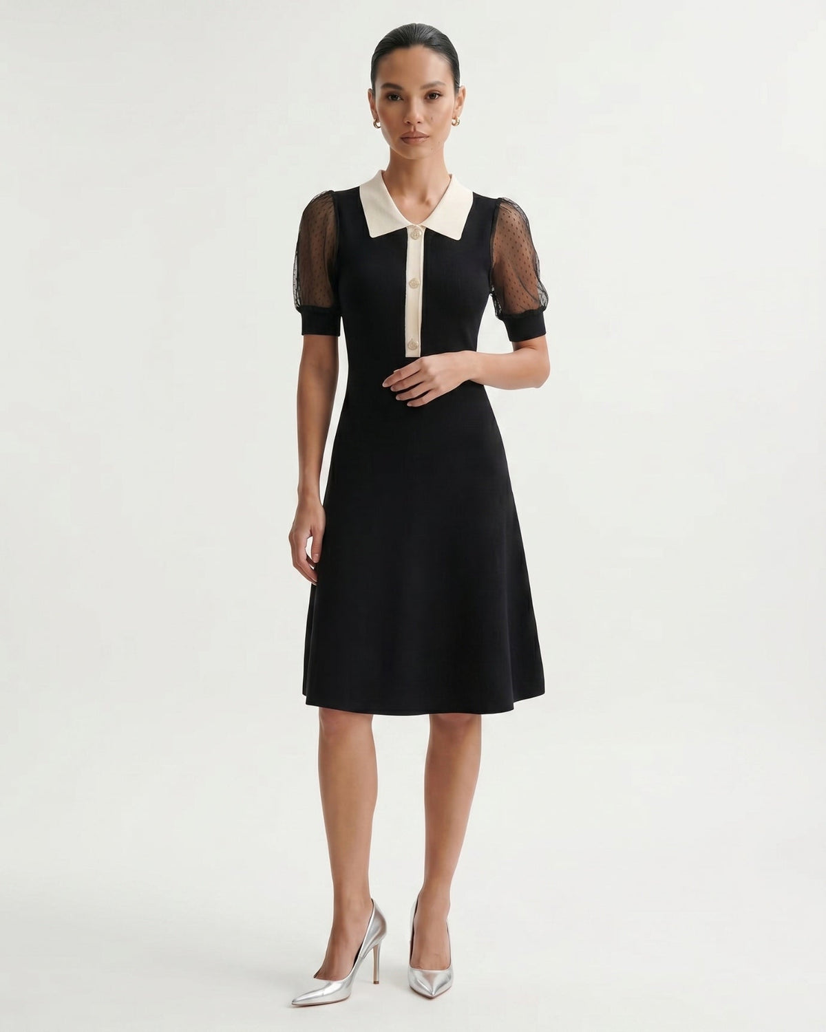 Short Sleeve Polo Collar A-Line Knitted Dress – Black