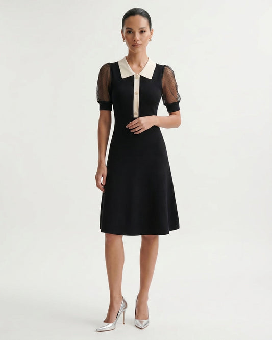 Short Sleeve Polo Collar A-Line Knitted Dress – Black