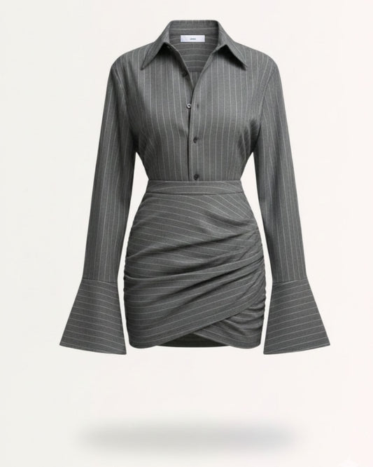 Bellice Striped Bouclé Knit Top and Skirt Two-Piece Set – Dark Grey