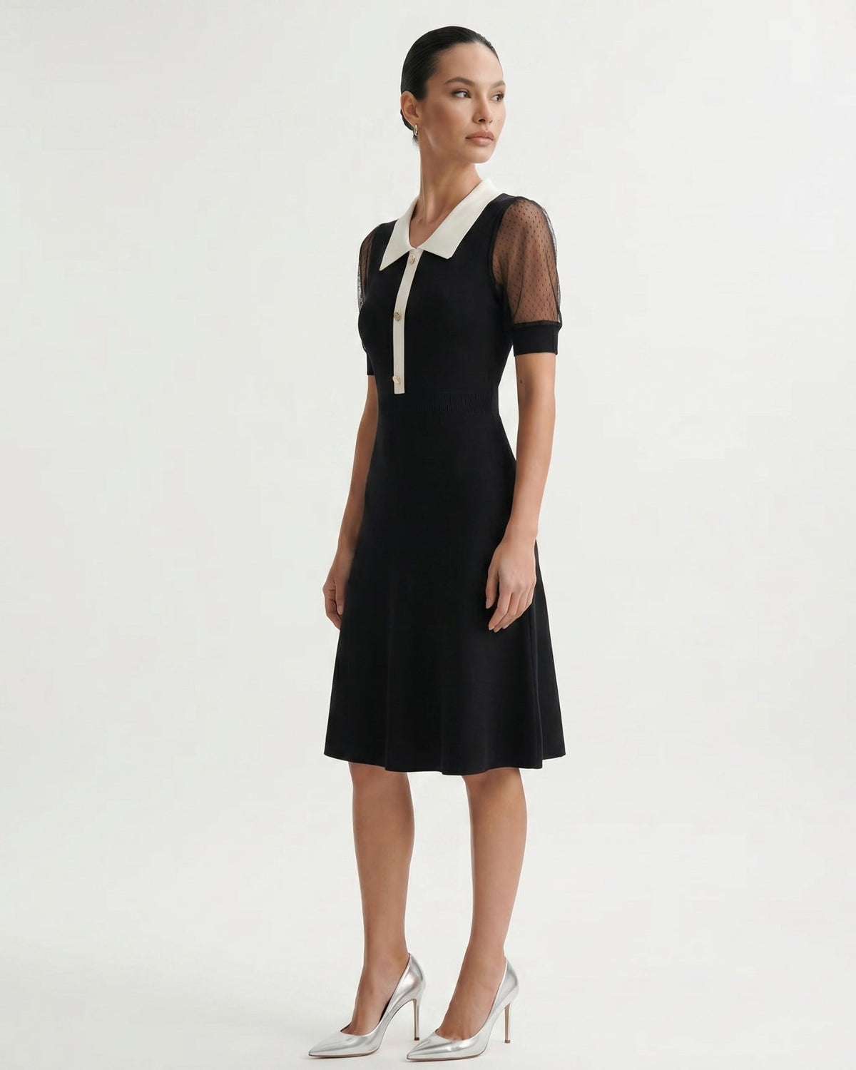 Short Sleeve Polo Collar A-Line Knitted Dress – Black