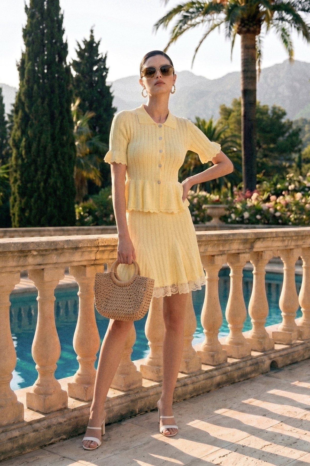 Peter Pan Collar Knit Peplum Top and Mini Skirt Set with Lace Hem – Yellow – view 2