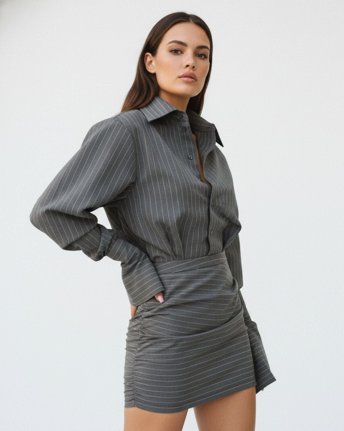 Bellice Striped Bouclé Knit Top and Skirt Two-Piece Set – Dark Grey – view 4