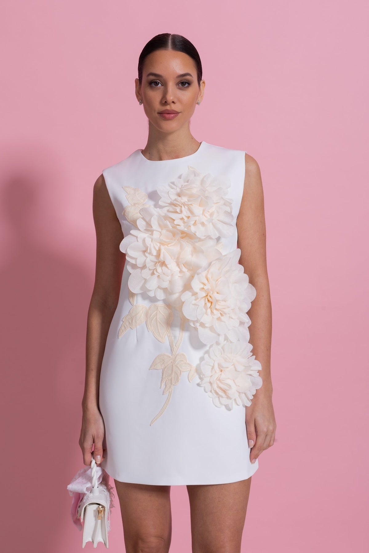 Sleeveless Round Neck Mini Dress with 3D Floral Appliqué – White
