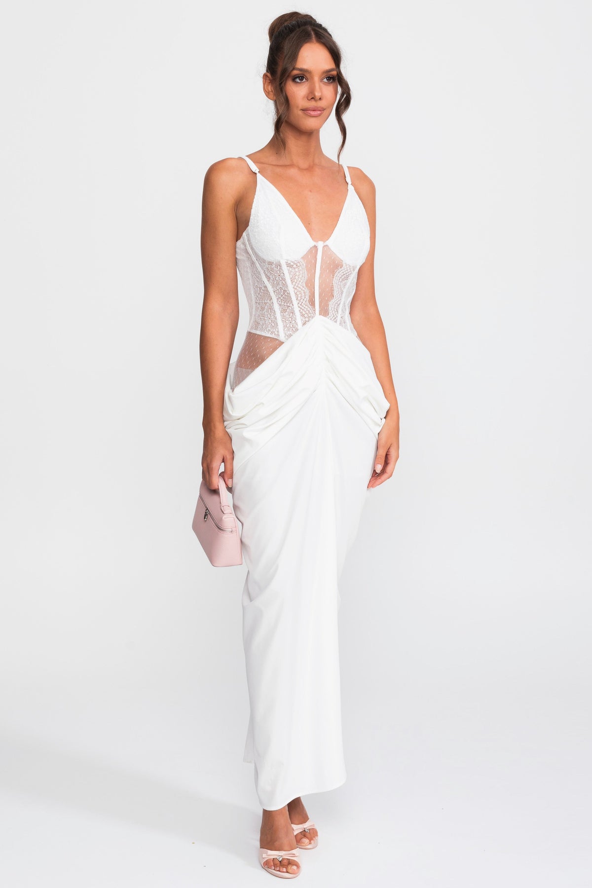 Lace Bodice Satin Draped Gown with Spaghetti Straps – White – view 2