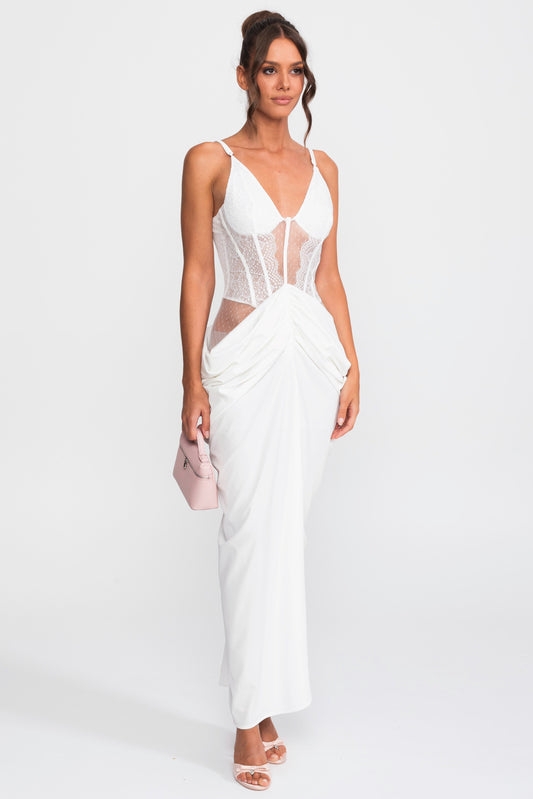 Lace Bodice Satin Draped Gown with Spaghetti Straps – White – view 2