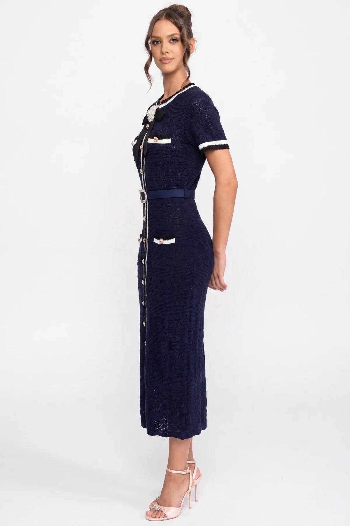 Knit Short Sleeve Midi Dress with White Piping and Gold Buckle Belt – Navy – view 3