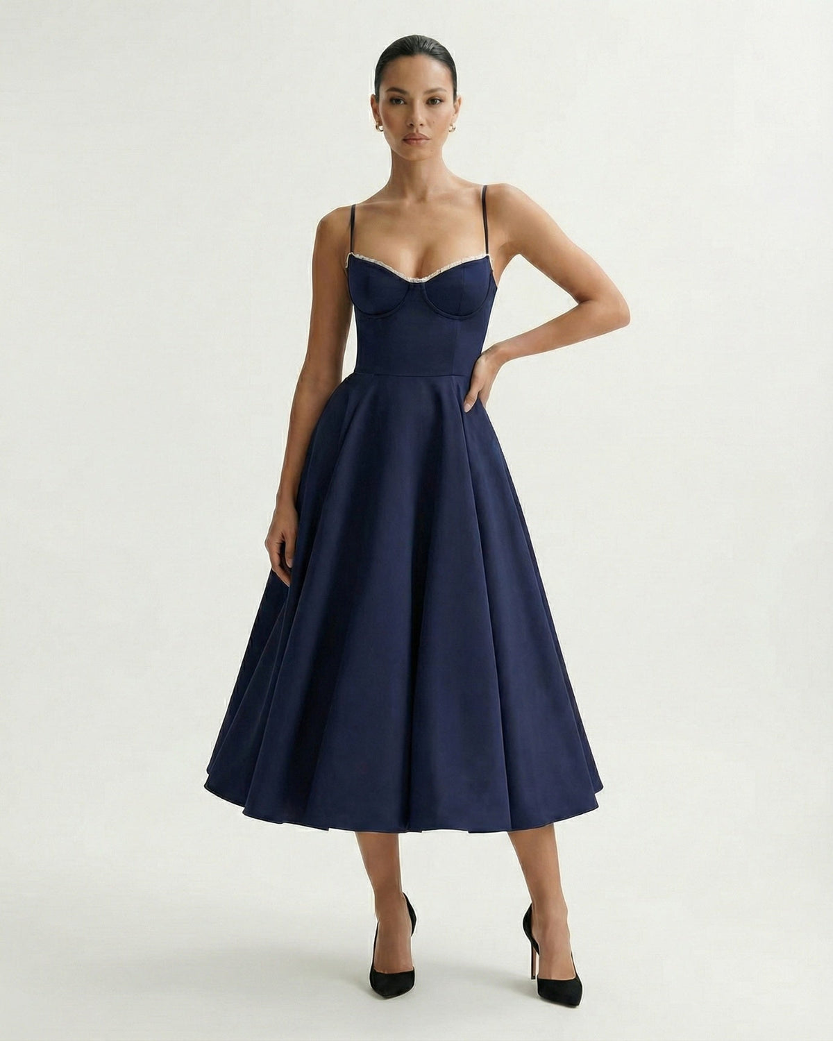 Giulia Duchess Satin Midi Dress with Tulle Underskirt – Navy Blue – view 5
