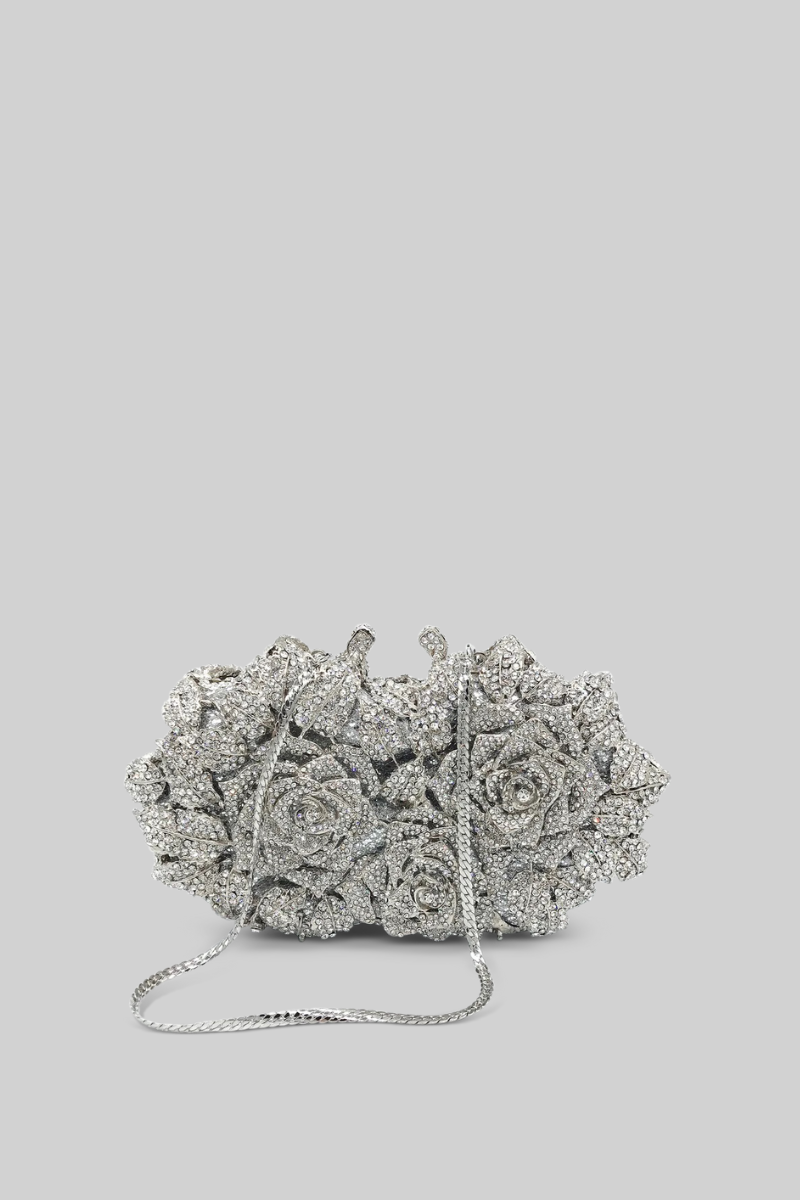 Crystal Embellished Clutch Bag with Chain Strap – Silver – view 1