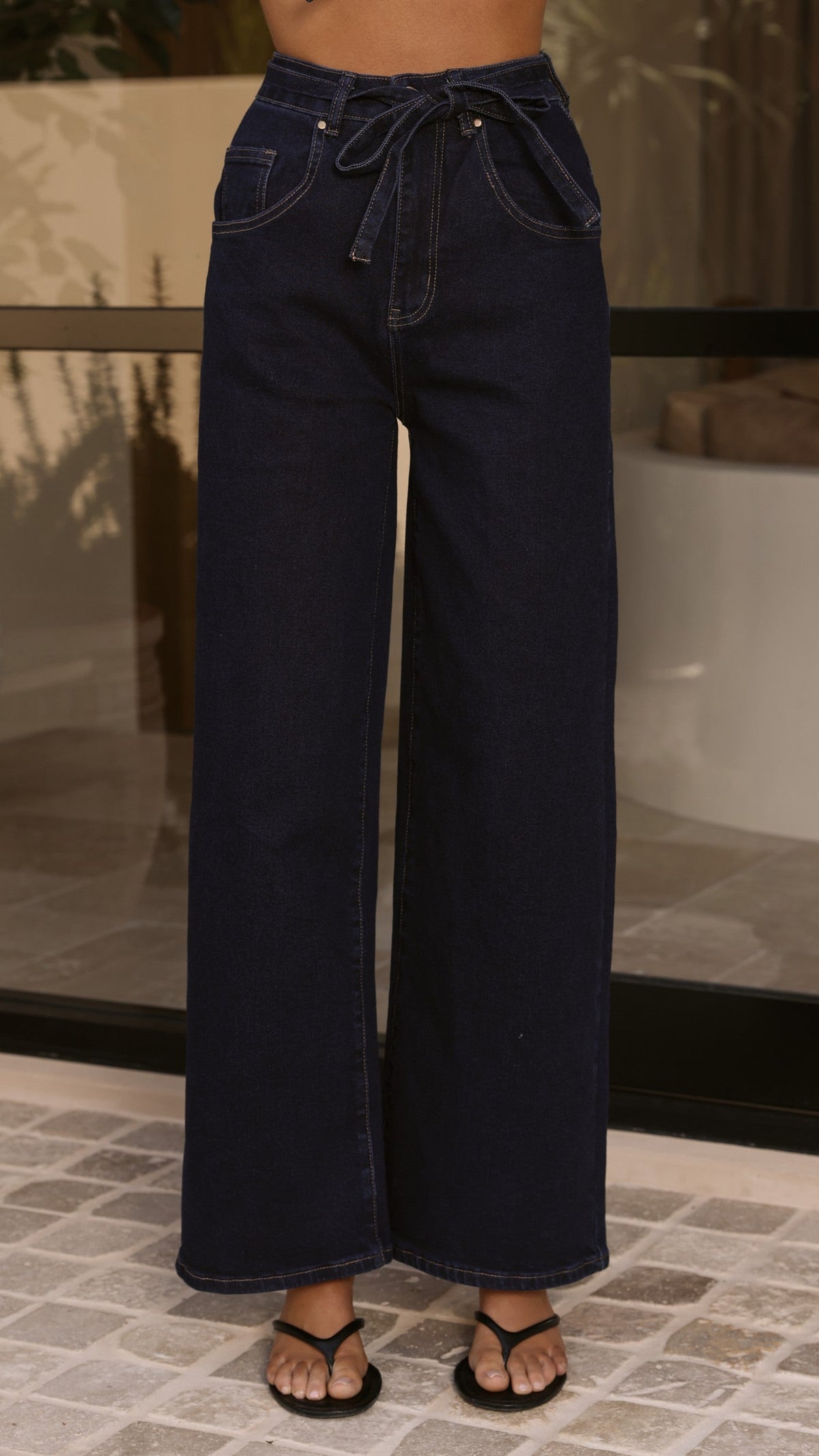 Nyra High Waisted Wide Leg Jeans with Waist Tie – Indigo – view 1
