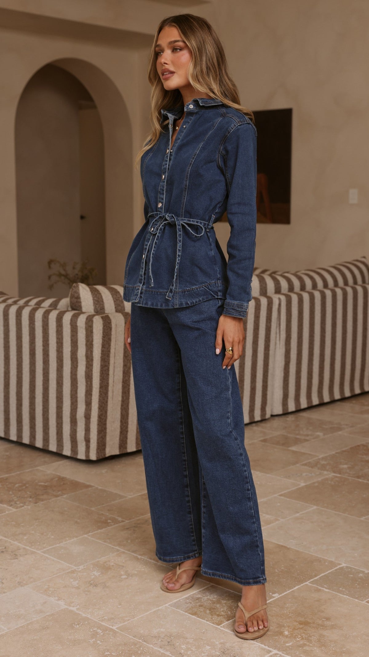 Nyra High Waisted Wide Leg Jeans with Waist Tie – Dark Denim