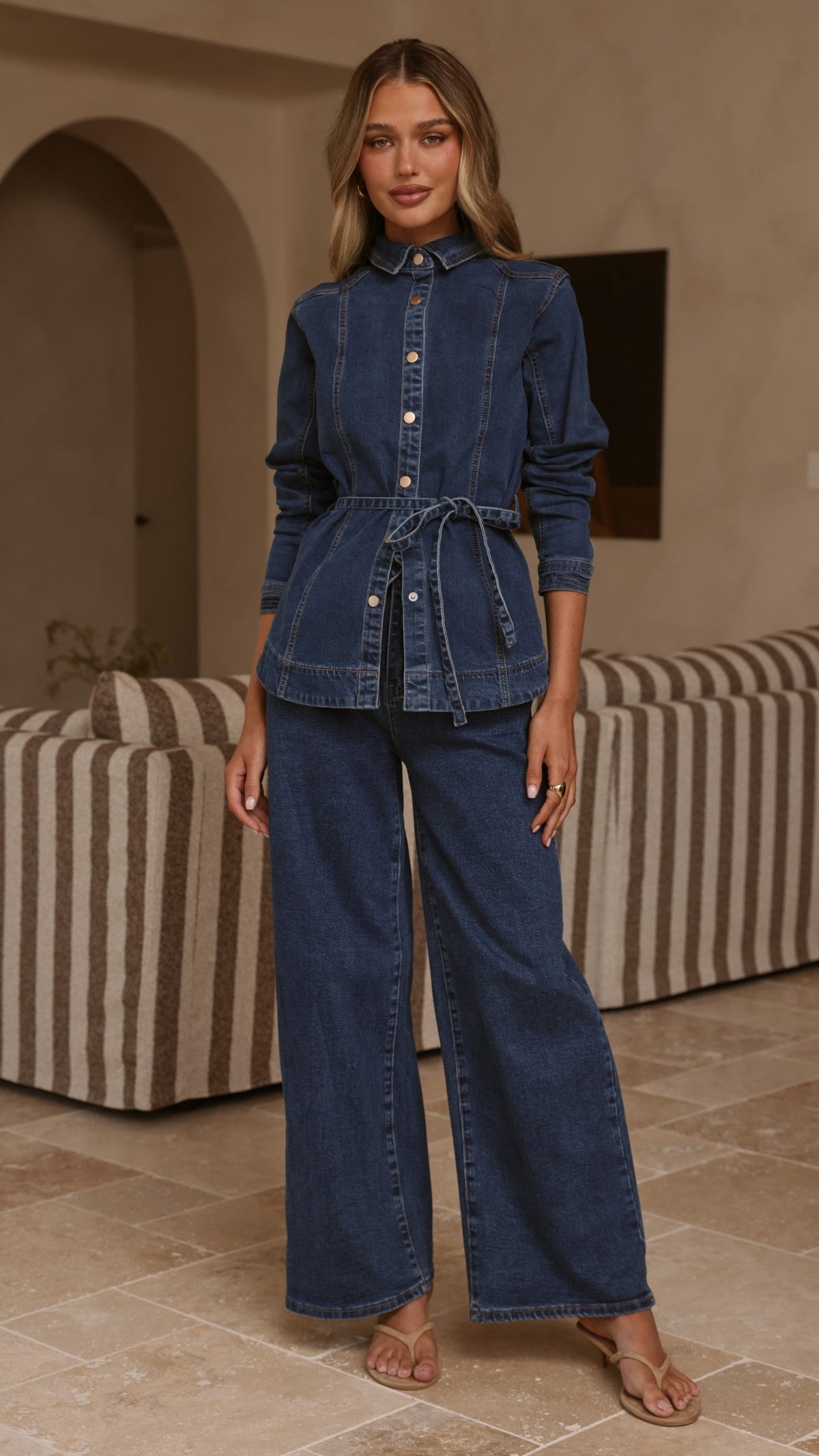 Nyra High Waisted Wide Leg Jeans with Waist Tie – Dark Denim
