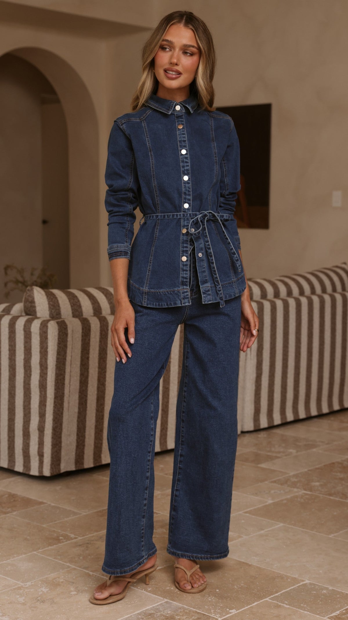 Nyra High Waisted Wide Leg Jeans with Waist Tie – Dark Denim – view 4