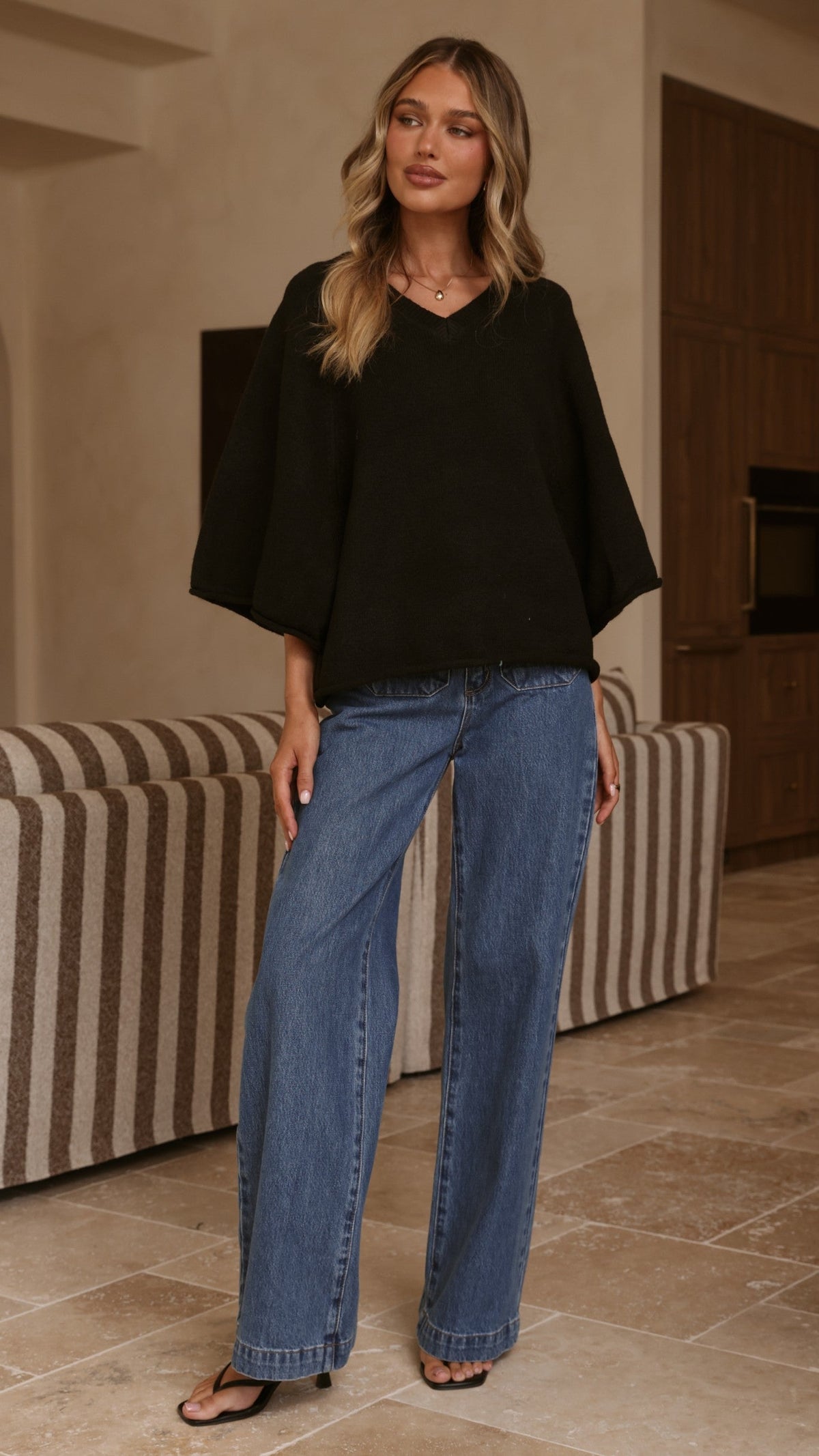 Paisley Ribbed V Neck Bat Sleeve Boxy Knit Top – Black – view 6