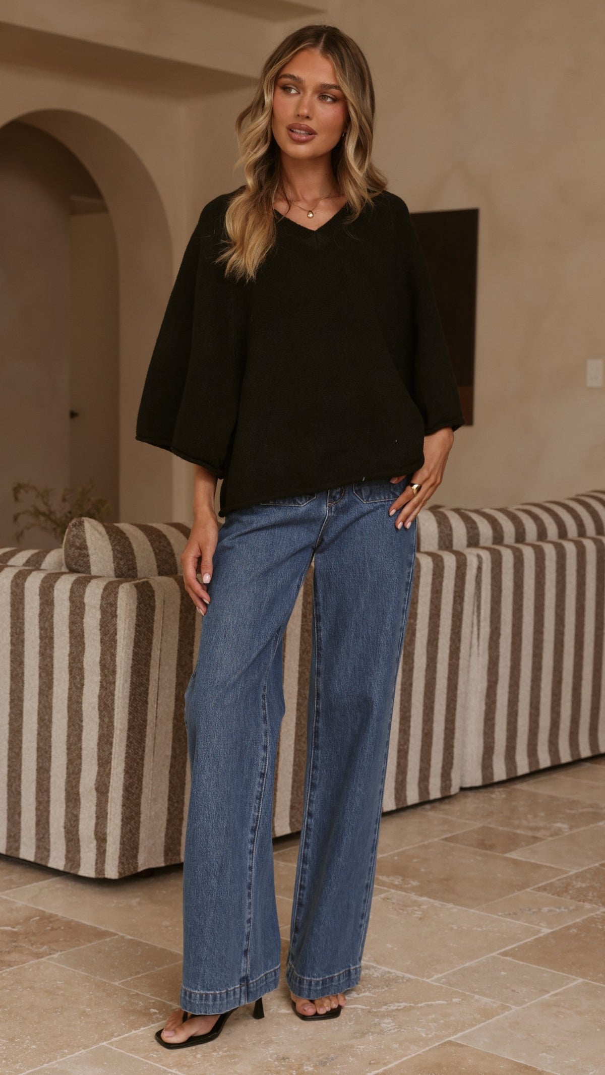 Paisley Ribbed V Neck Bat Sleeve Boxy Knit Top – Black