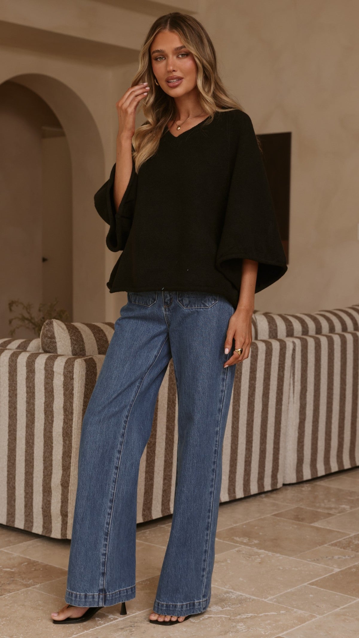 Paisley Ribbed V Neck Bat Sleeve Boxy Knit Top – Black – view 9