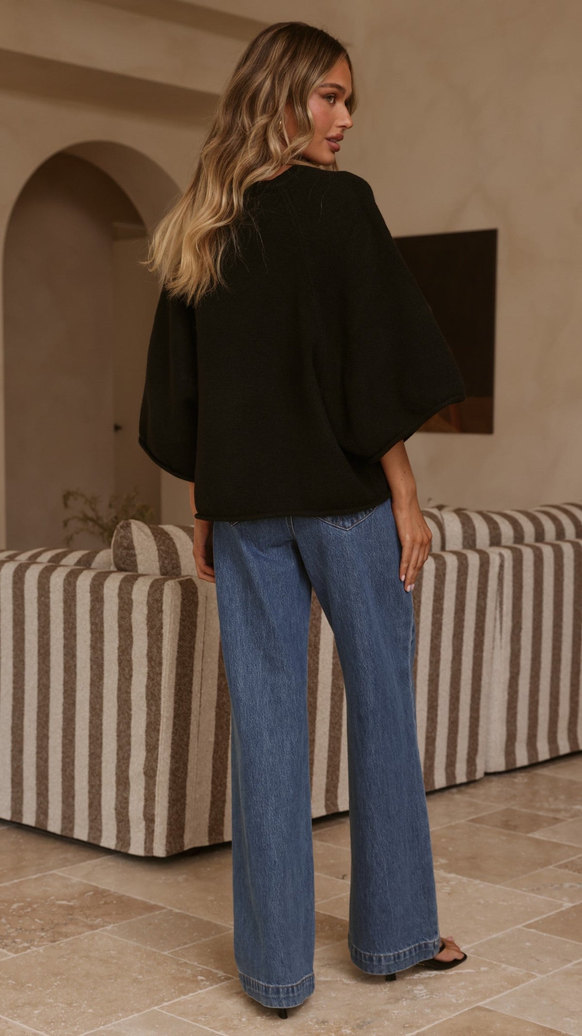 Paisley Ribbed V Neck Bat Sleeve Boxy Knit Top – Black – view 2